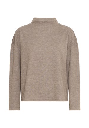 Beige långärmad topp med hög krage, avslappnad passform, mjuk tygstruktur, ramsolider och minimala sömmar. Enkel, enfärgad design.