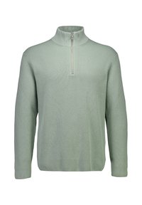Minzgrüner Pullover mit hohem Kragen, halbem Reißverschluss und gerippter Struktur. Lange Ärmel und eine lockere Passform sorgen für Komfort und Vielseitigkeit.