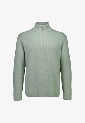 Miętowozielony sweter z wysokim kołnierzem, półzamkiem i prążkowaną fakturą. Długie rękawy i luźny krój zwiększają komfort i wszechstronność.