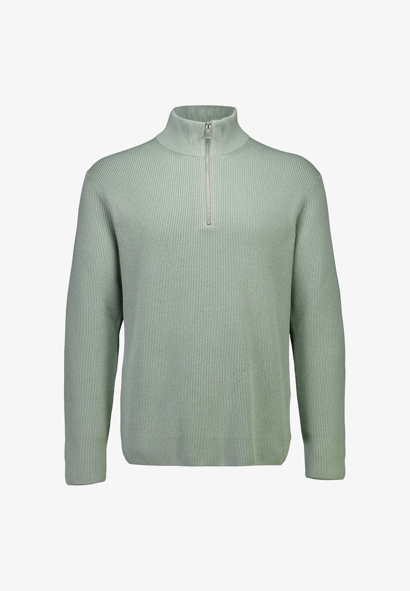 Minzgrüner Pullover mit hohem Kragen, halbem Reißverschluss und gerippter Struktur. Lange Ärmel und eine lockere Passform sorgen für Komfort und Vielseitigkeit.