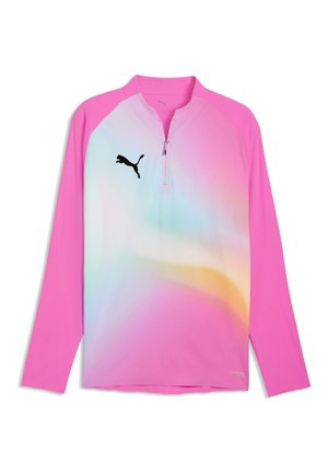 Top sportivo a maniche lunghe con maniche rosa, sfumatura pastello multicolore sul davanti, colletto con mezza zip e logo Puma nero sul petto sinistro.