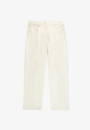 Crèmekleurige wijde jeans gemaakt van zachte denims. Bevat een knoopsluiting, riemlussen en vier zakken met minimale stikseldetails.