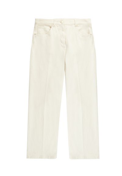 Jeans a gamba larga color crema realizzati in denim morbido. Presentano una chiusura con bottone, passanti per cinta e quattro tasche con dettagli di cucitura minimi.