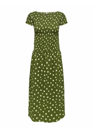 Rochie midi verde cu buline albe neregulate, mâneci scurte bufante, corset strâmt și fustă plisată.