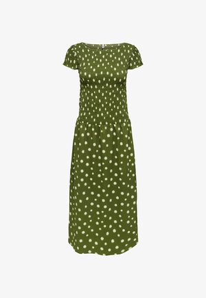 Rochie midi verde cu buline albe neregulate, mâneci scurte bufante, corset strâmt și fustă plisată.