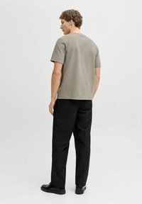 Mees seisab seljaga vaataja poole, tal on seljas hall lühikeste varrukatega särk, mustad püksid ja mustad ametlikud kingad, taustal hele ühevärviline sein.