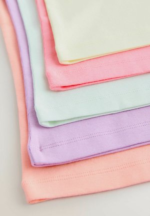 Stack of folded cotton fabric in pastel colors: peach, lavender, light green, pink, and pale yellow.