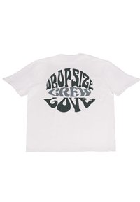 Weißes Baumwoll-T-Shirt mit kurzen Ärmeln, das auf der Rückseite einen großen, mehrfarbigen grafischen Text zeigt: „DROPSIZE CREW LOVE.“