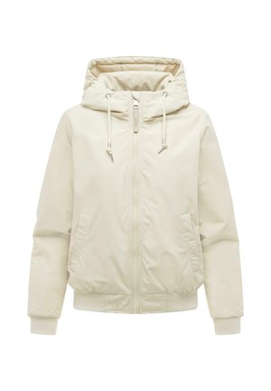 Cream-colored hooded jacket with front zipper, drawstrings on hood, side pockets, and ribbed cuffs and waistband.