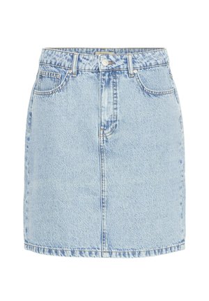 Hellblauer Jeans-Minirock mit Frontknöpfen, Reißverschluss, Gürtelschlaufen und Fünf-Taschen-Design.