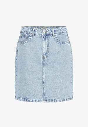 Svetlomodrá džínsová mini sukňa s prednými gombíkmi, zipsom, pútkami na opasok a dizajnom s piatimi vreckami.