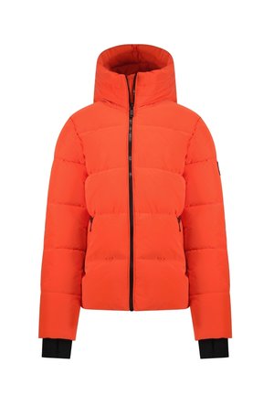 Pufferjack in fel oranje, met een hoge kraag, zwarte rits en elastische manchetten. Het ontwerp heeft horizontaal gestikte secties.