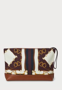 Vászon táska barna bőraljjal. Mintás elemmel készült, amely lovas motívumokat tartalmaz sötétbarna, krém és arany kiegészítőkkel.