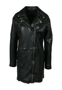 Svart läderjacka med motorcykelstil. Har silverfärgad hårdvara, dragkedja framtill, bred krage och långa ärmar. Slät textur.