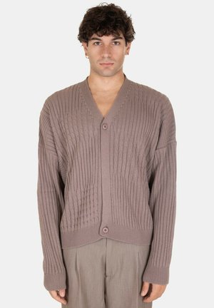 Cardigan lavorato a maglia marrone chiaro con scollo a V, modelli testurizzati e chiusura con un bottone; presenta maniche larghe e polsini a costine.