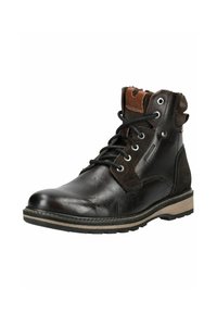 Botín de cuero marrón hasta el tobillo con acentos de tela texturizada, punta redonda, diseño de cordones, ojales de metal y suela de goma en contraste.