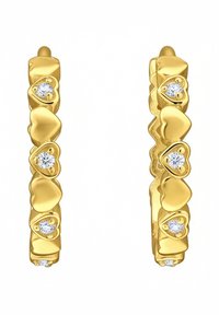 Orecchini d'oro con una serie di forme a cuore, ciascuna accentuata da una piccola gemma rotonda. Texture liscia con una finitura lucida.