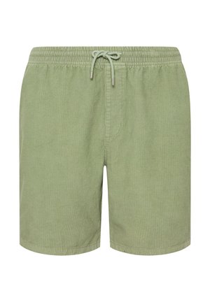Hellgrüne Cord-Shorts mit elastischem Bund und vorderem Kordelzug, knielang, für den Freizeitgebrauch entworfen.
