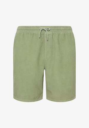 Pantaloncini in velluto a coste verde chiaro con cintura elastica e cordoncino frontale, lunghezza al ginocchio, progettati per un uso casual.