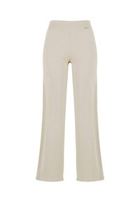 Pantaloni beige a gamba larga con una consistenza a coste lisce, vita elastica e senza ornamenti visibili, che offrono una silhouette rilassata.