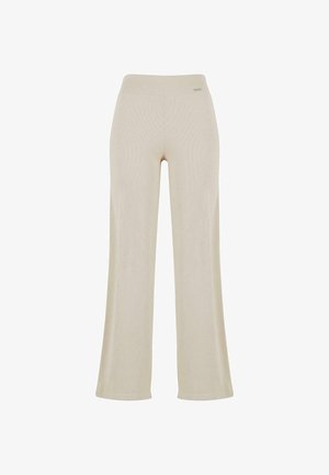 Pantaloni beige a gamba larga con una consistenza a coste lisce, vita elastica e senza ornamenti visibili, che offrono una silhouette rilassata.