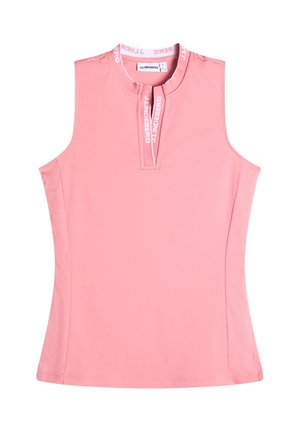 Mouwloos roze sporttop met mesh zijpanelen en een kleine voorste kraag met een inkeping, voorzien van witte "J.LINDEBERG" tekst op de rand.