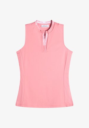 Mouwloos roze sporttop met mesh zijpanelen en een kleine voorste kraag met een inkeping, voorzien van witte "J.LINDEBERG" tekst op de rand.