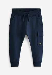 Navyblauwe sweatpants van een zachte stof, met een geribde tailleband, trekkoord, zijzakken en een patchzak met tekstdetail.