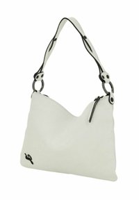 Borsa a tracolla bianca in pelle, con una forma curva, dettagli neri e una tracolla unica con accessori circolari. Chiusura con zip nella parte superiore.