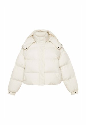 Cropped puffer jacket in light beige, featuring a high collar, snap closure, and quilted texture with wide sleeves.
