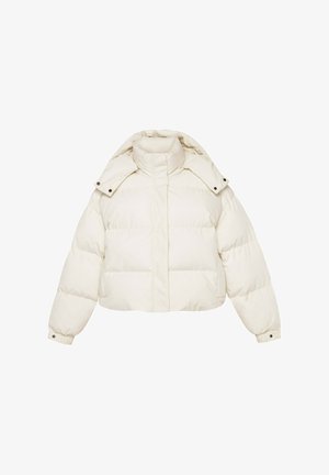 Gekürzter Pufferjacke in hellem Beige mit hohem Kragen, Druckknopfverschluss und gestepptem Muster sowie weiten Ärmeln.