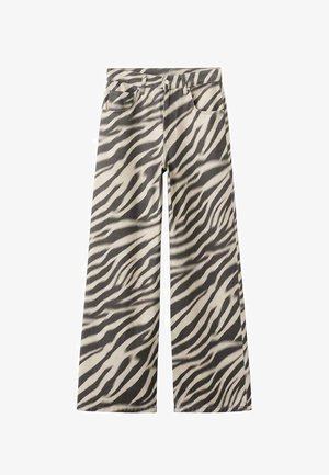Weite Jeans mit schwarz-weißem Zebramuster, ausgestattet mit vorderen Taschen, Gürtelschlaufen und einem Knopfverschluss.