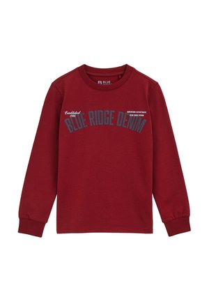 Burgundská mikina s dlhým rukávom a okrúhlym výstrihom, s grafickým textom tmavomodrej farby s nápisom "BLUE RIDGE DENIM" a ďalšími značkovými detailami.