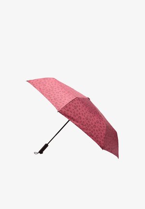 Różowy kompaktowy parasol z ciemnoróżowym wzorem w cętki lamparta i czarną rączką, pokazany otwarty na białym tle.