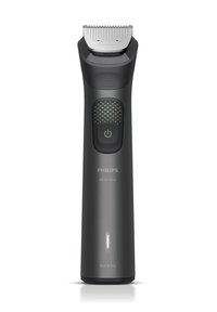 Rasoi all-in-one Philips in nero opaco, con impugnatura testurizzata, pulsante di accensione e una testa di taglio di precisione con accenti metallici.