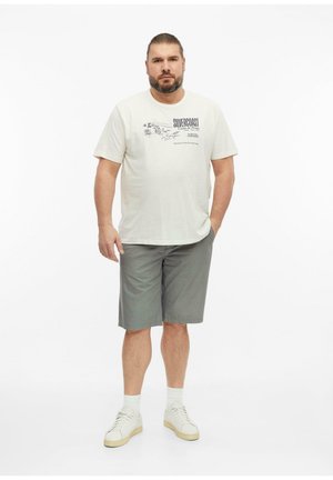 Man met baard en naar achter gebonden haar, draagt een wit grafisch t-shirt, grijze korte broek, witte sokken en witte sneakers, staand met één hand in de zak.