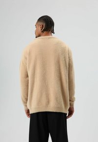 Beige, oversized, harige trui met een ronde halslijn en geribbelde zoom. Heeft lange mouwen en een zachte, gestructureerde oppervlakte.