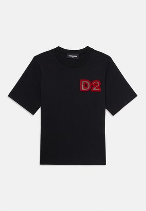 Black cotton t-shirt with short sleeves, featuring a textured red "D2" logo on the left side of the chest. Smooth finish and crew neckline.