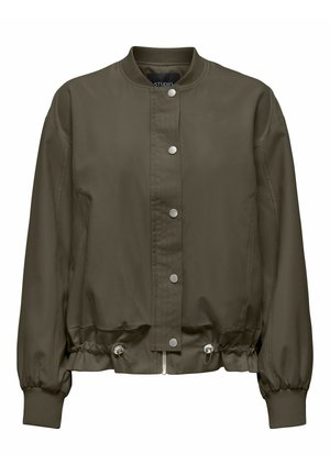 Olivroheline pommitusjakk ees tõmblukuga, elastsete mansettidega, reguleeritava nööriga ääre ja soonikkoelise kraega.