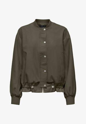 Veste bomber vert olive avec boutons-pression à l'avant, poignets élastiques, bas avec cordon de serrage ajustable, et col côtelé.