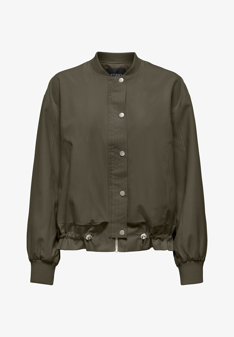 Veste bomber vert olive avec boutons-pression à l'avant, poignets élastiques, bas avec cordon de serrage ajustable, et col côtelé.