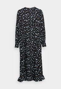 Dlouhá černá šaty s modrými puntíky, kulatým výstřihem, dlouhými rukávy a volánkovým lemem. Vyrobeno z lehké tkaniny s hladkou texturou.