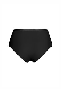 Brief nera a vita alta con una trama di tessuto liscia e un design semplice. Presenta un morbido elastico in vita. Nessun motivo o dettaglio aggiuntivo.