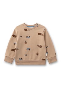 Beiger Pullover mit langen Ärmeln, der landwirtschaftliche Muster von Traktoren, Bäumen und Tieren in Braun und Blau zeigt. Rundhalsausschnitt mit Knöpfen.