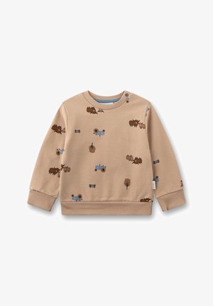 Beiger Pullover mit langen Ärmeln, der landwirtschaftliche Muster von Traktoren, Bäumen und Tieren in Braun und Blau zeigt. Rundhalsausschnitt mit Knöpfen.