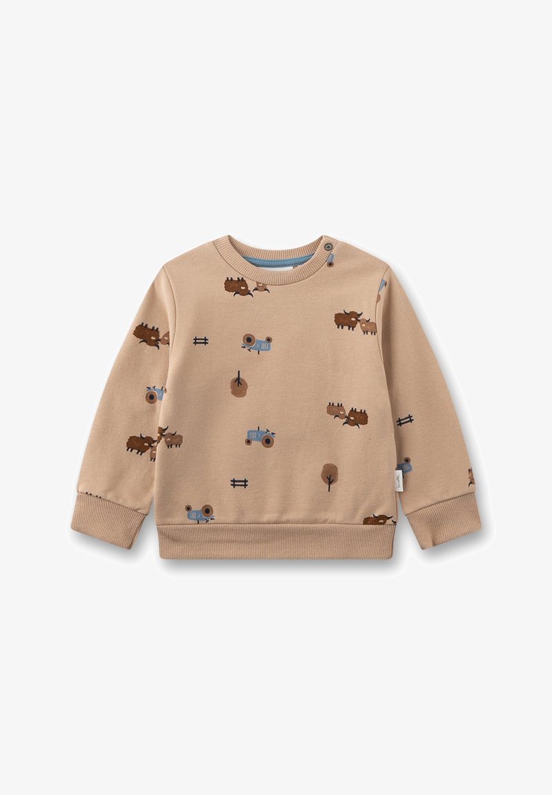 Beiger Pullover mit langen Ärmeln, der landwirtschaftliche Muster von Traktoren, Bäumen und Tieren in Braun und Blau zeigt. Rundhalsausschnitt mit Knöpfen.