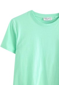 Myntegrön T-shirt med kort ärm och rund halsringning, med en synlig vit varumärkesetikett "Holly & Whyte" på insidan av kragen.