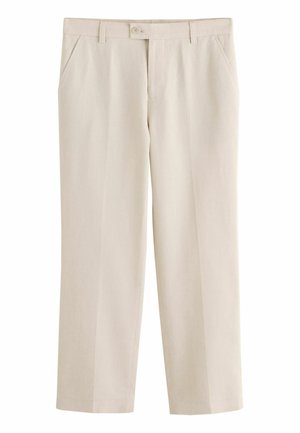 Beige Hose mit geradem Bein, Gürtelschlaufen, vorderem Knopf, Reißverschluss und Seitentaschen, flach liegend vor weißem Hintergrund gezeigt.