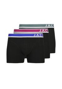 Drei Paare schwarze Boxershorts. Jede hat einen kontrastierenden farbigen Bund: grün, lila und blau, mit weißen Buchstaben. Aus Baumwollstoff.