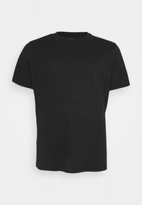 Schwarz Baumwoll-T-Shirt mit Rundhalsausschnitt, kurzen Ärmeln und lockerer Passform. Glatte Textur, keine sichtbaren Muster oder Akzente.